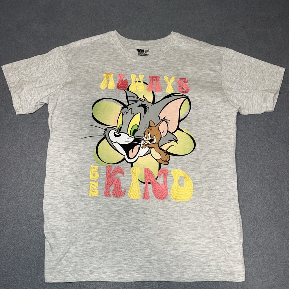 Tom and Jerry "Be Kind" Adult‎ T-Shirt M Gray Cotton Blend Embroidered